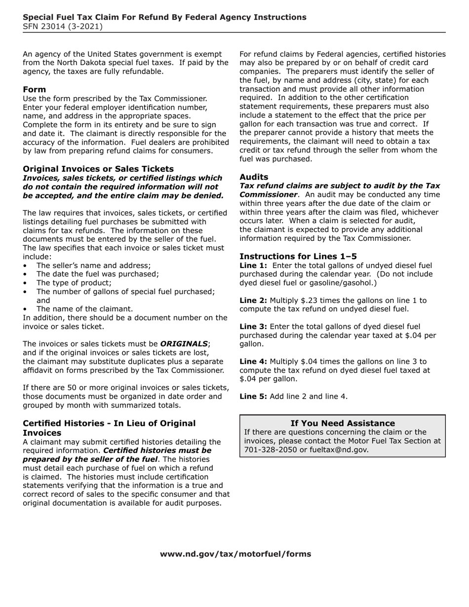 Form SFN23014 Special Fuel Tax Claim for Refund by Federal Agency - North Dakota, Page 2
