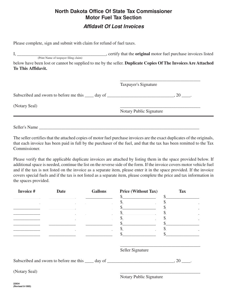 Form 22934 Affidavit of Lost Invoices - North Dakota, Page 1