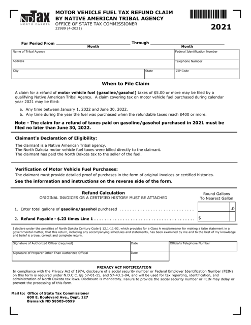 Form SFN22989 Motor Vehicle Fuel Tax Refund Claim by Native American Tribal Agency - North Dakota, 2021