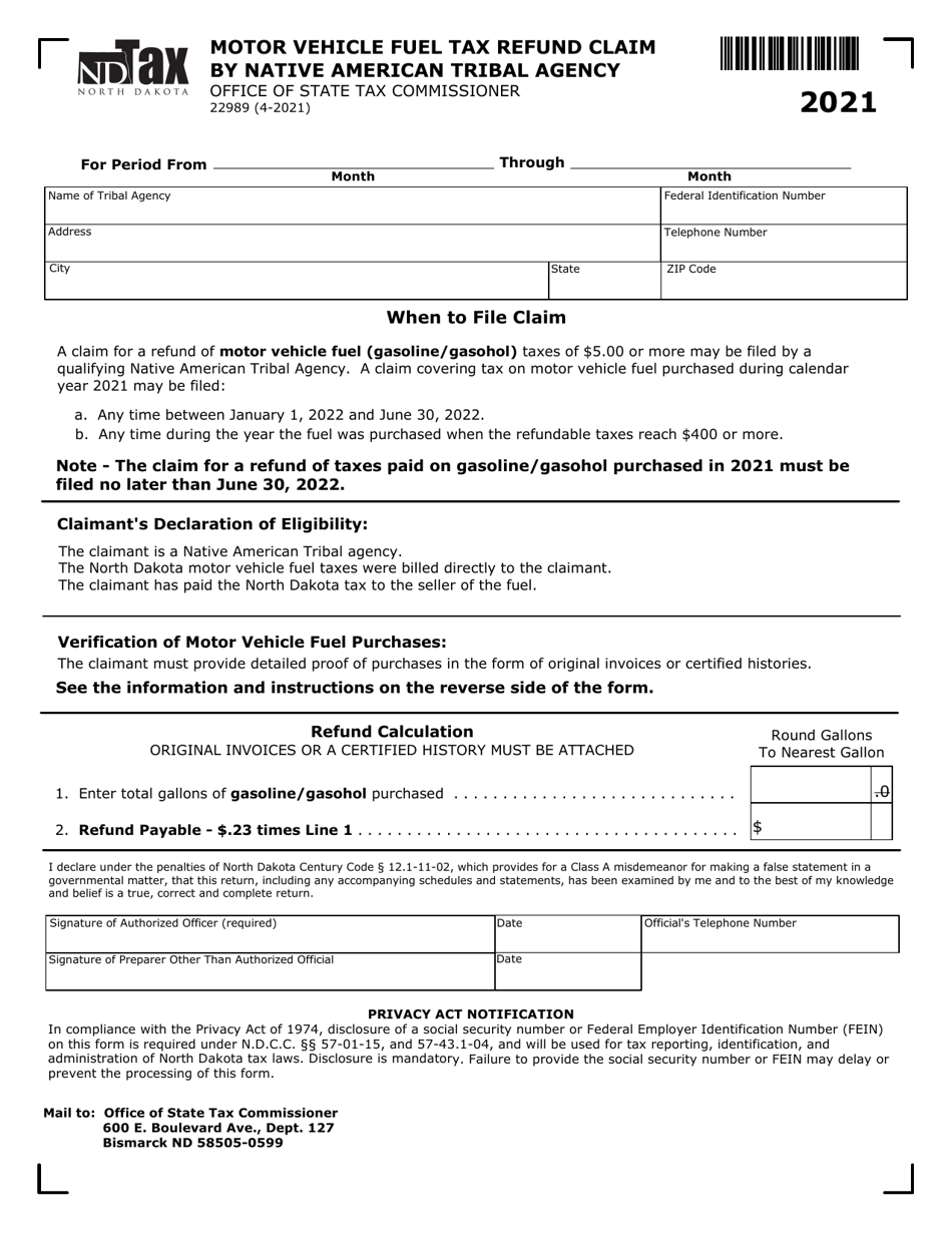 Form SFN22989 Motor Vehicle Fuel Tax Refund Claim by Native American Tribal Agency - North Dakota, Page 1