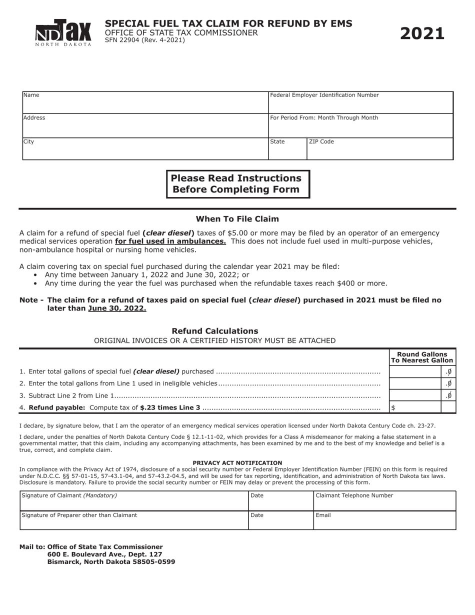 Form SFN22904 Special Fuel Tax Claim for Refund by Ems - North Dakota, Page 1