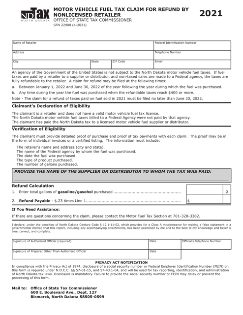 Form SFN22900 Motor Vehicle Fuel Tax Claim for Refund by Nonlicensed Retailer - North Dakota, 2021