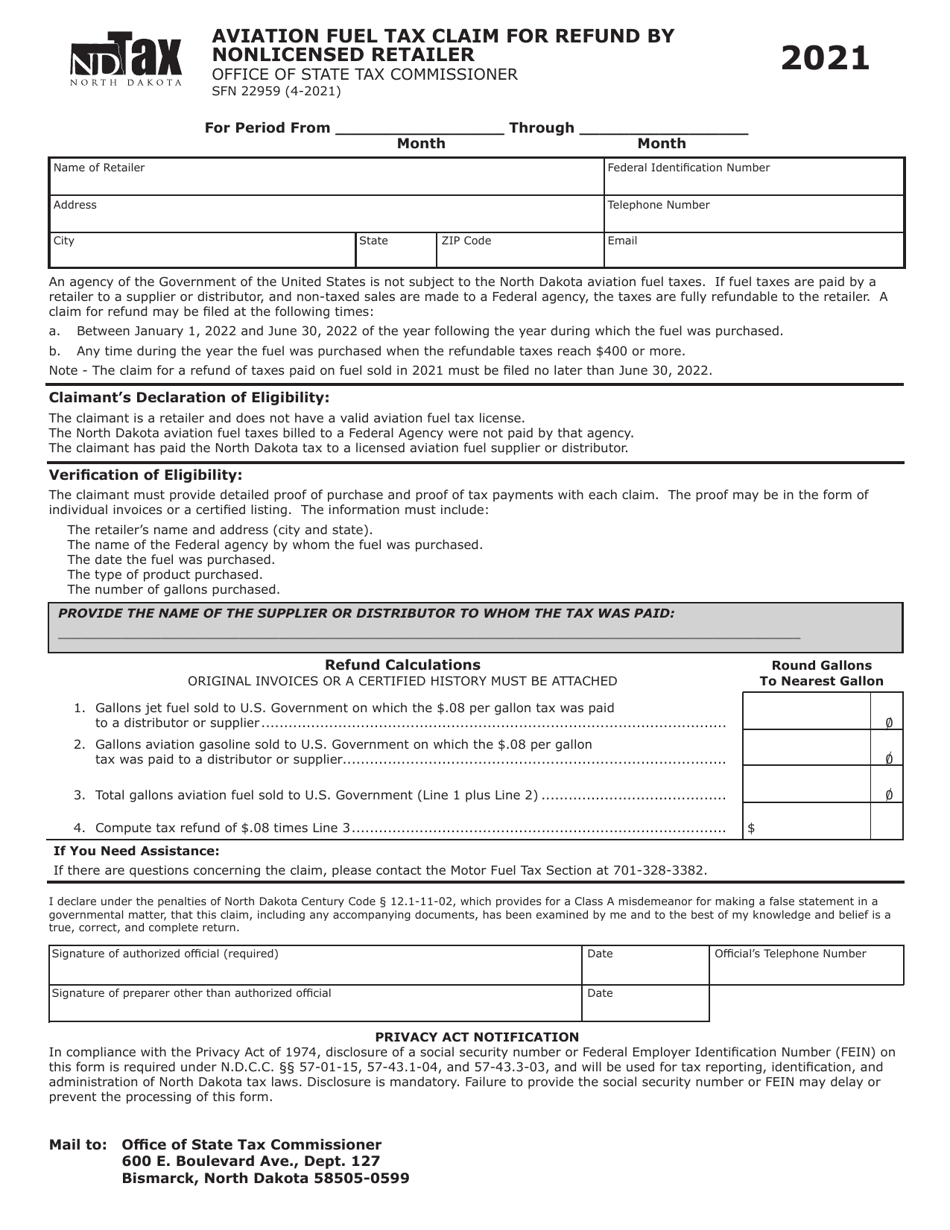 Form SFN22959 Aviation Fuel Tax Claim for Refund by Nonlicensed Retailer - North Dakota, Page 1
