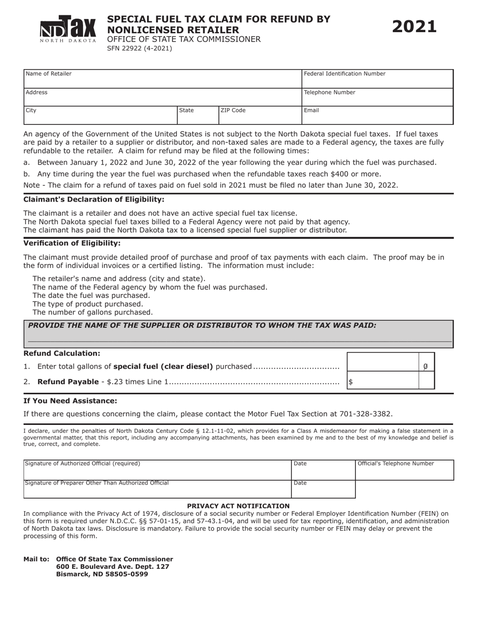 Form SFN22922 Special Fuel Tax Claim for Refund by Nonlicensed Retailer - North Dakota, Page 1