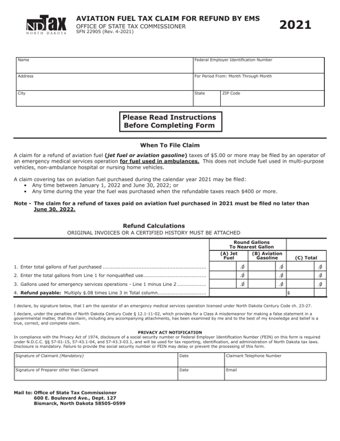 Form SFN22905 Aviation Fuel Tax Claim for Refund by Ems - North Dakota, 2021
