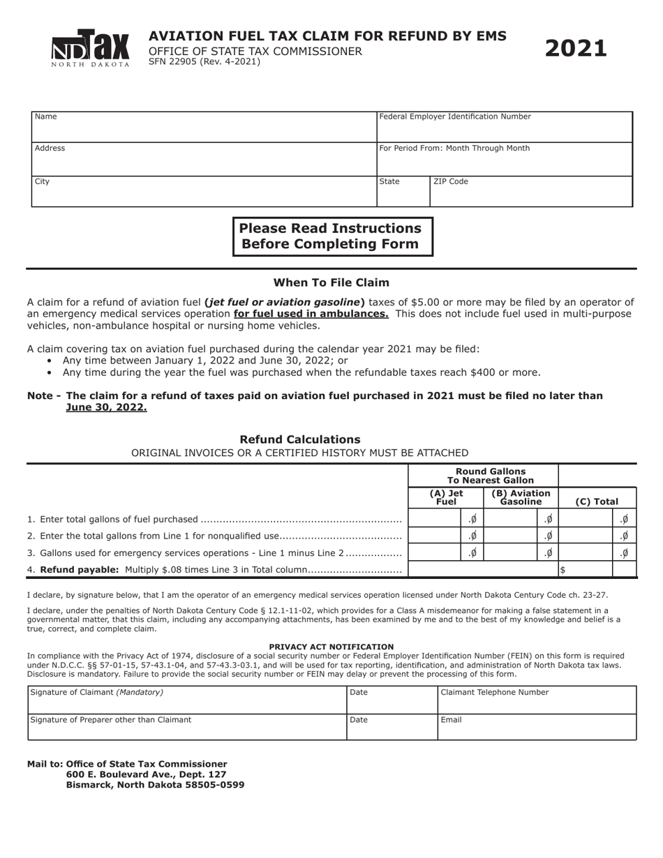 Form SFN22905 Aviation Fuel Tax Claim for Refund by Ems - North Dakota, Page 1