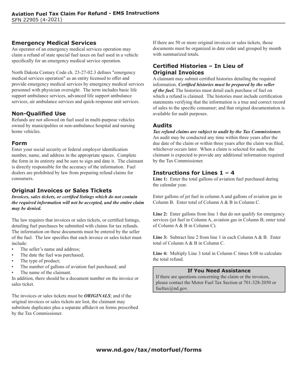 Form SFN22905 Aviation Fuel Tax Claim for Refund by Ems - North Dakota, Page 2