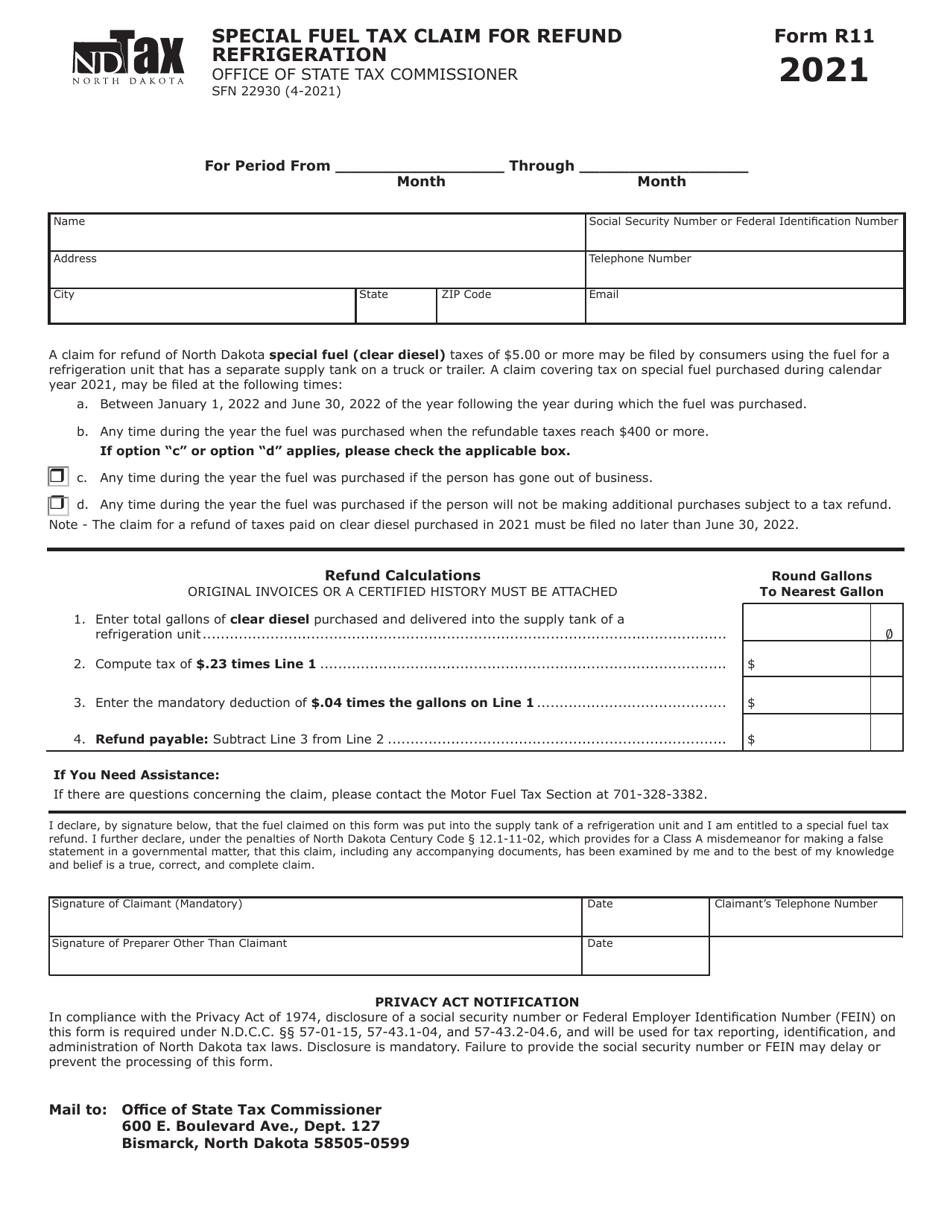 Form R11 (SFN22930) Special Fuel Tax Claim for Refund Refrigeration - North Dakota, Page 1