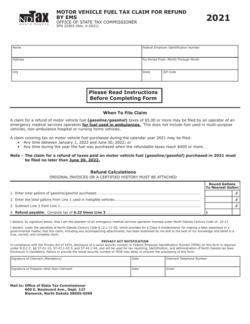 Form SFN22903 Motor Vehicle Fuel Tax Claim for Refund by Ems - North Dakota, 2021
