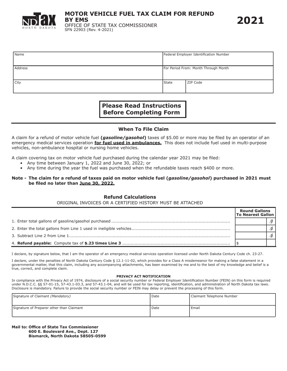 Form SFN22903 Motor Vehicle Fuel Tax Claim for Refund by Ems - North Dakota, Page 1