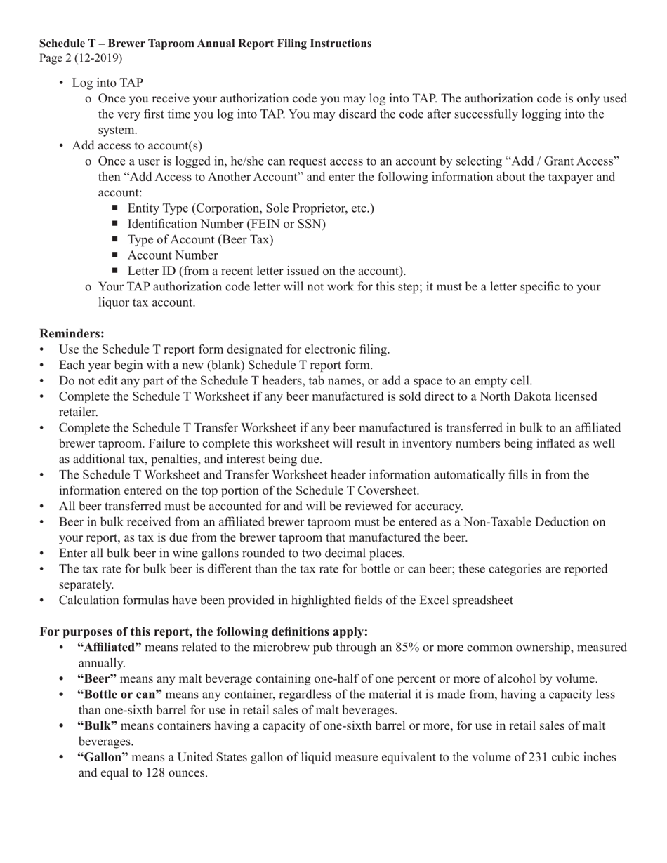 Instructions for Schedule T Annual Brewer Taproom Report - North Dakota, Page 2