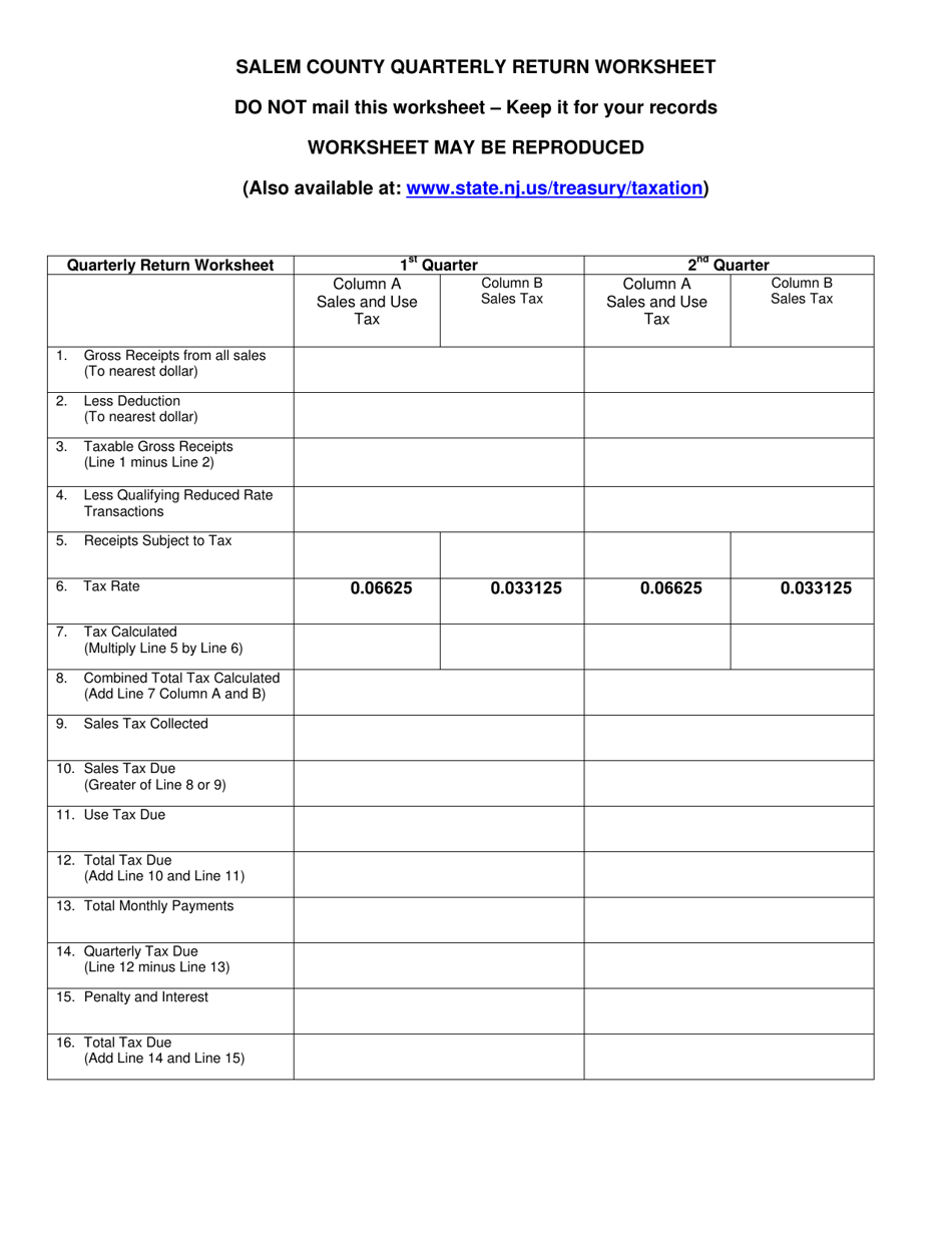 Form ST-450 Salem County Quarterly Return Worksheet - Salem County, New Jersey, Page 2