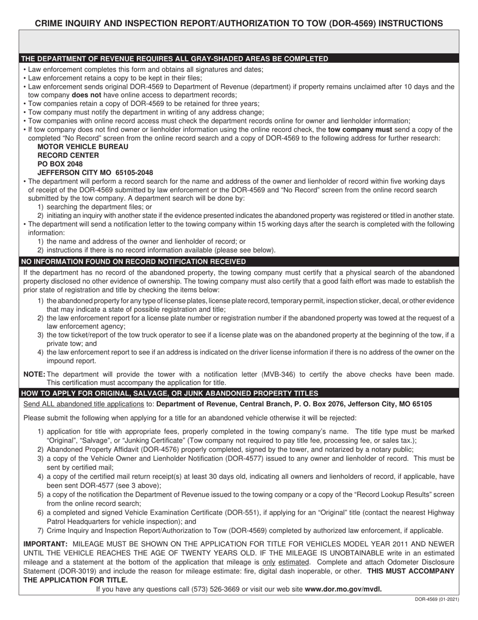 Form 4569 Crime Inquiry and Inspection Report / Authorization to Tow - Missouri, Page 2