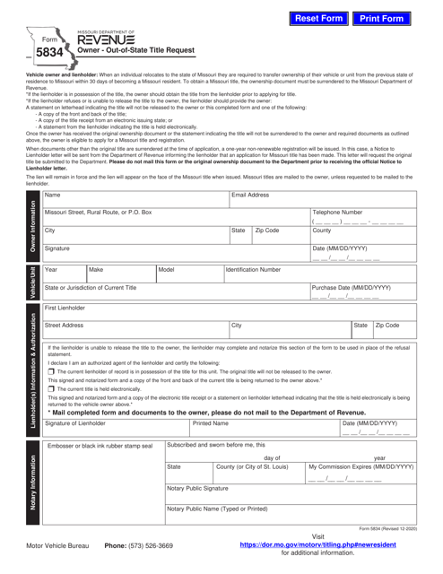 Form 5834 Owner - Out-of-State Title Request - Missouri