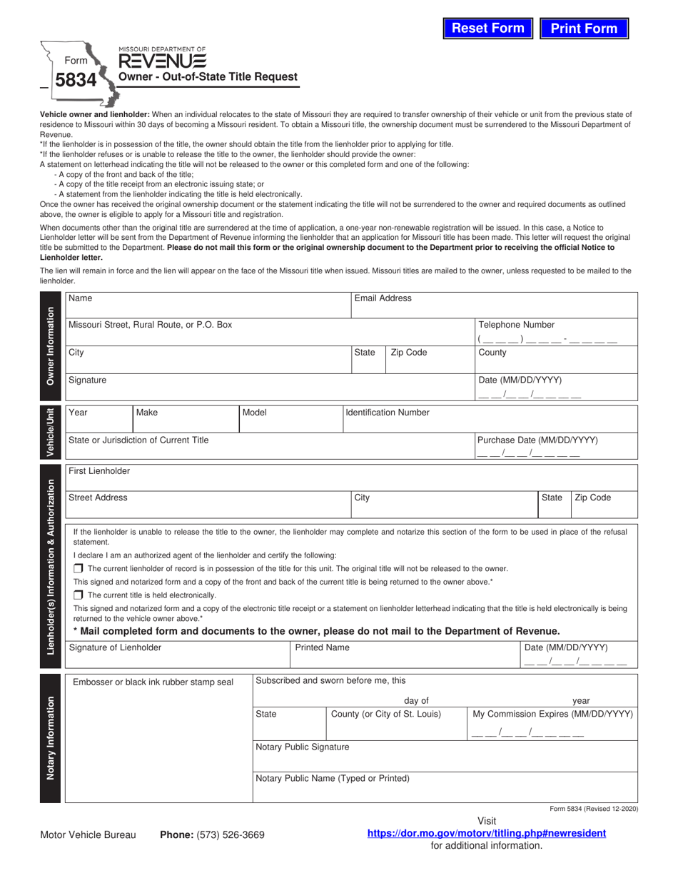 Form 5834 Owner - Out-of-State Title Request - Missouri, Page 1