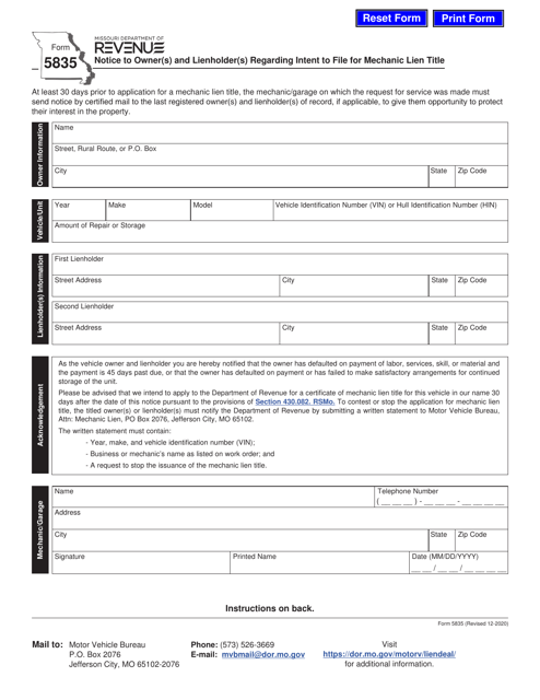 Form 5835  Printable Pdf