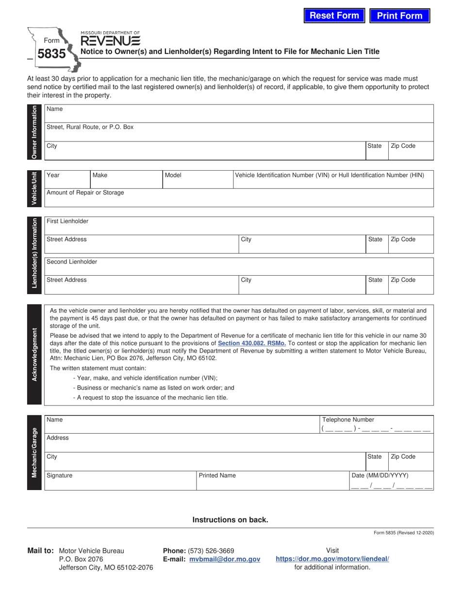 Form 5835 Notice to Owner(S) and Lienholder(S) Regarding Intent to File for Mechanic Lien Title - Missouri, Page 1