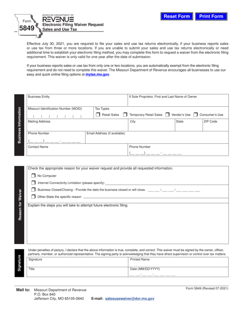 Form 5849 Electronic Filing Waiver Request Sales and Use Tax - Missouri