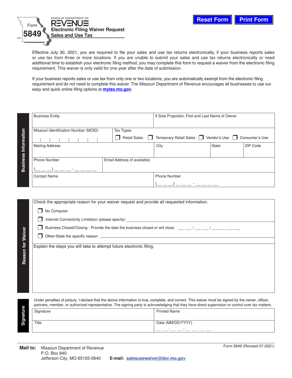 Form 5849 Electronic Filing Waiver Request Sales and Use Tax - Missouri, Page 1