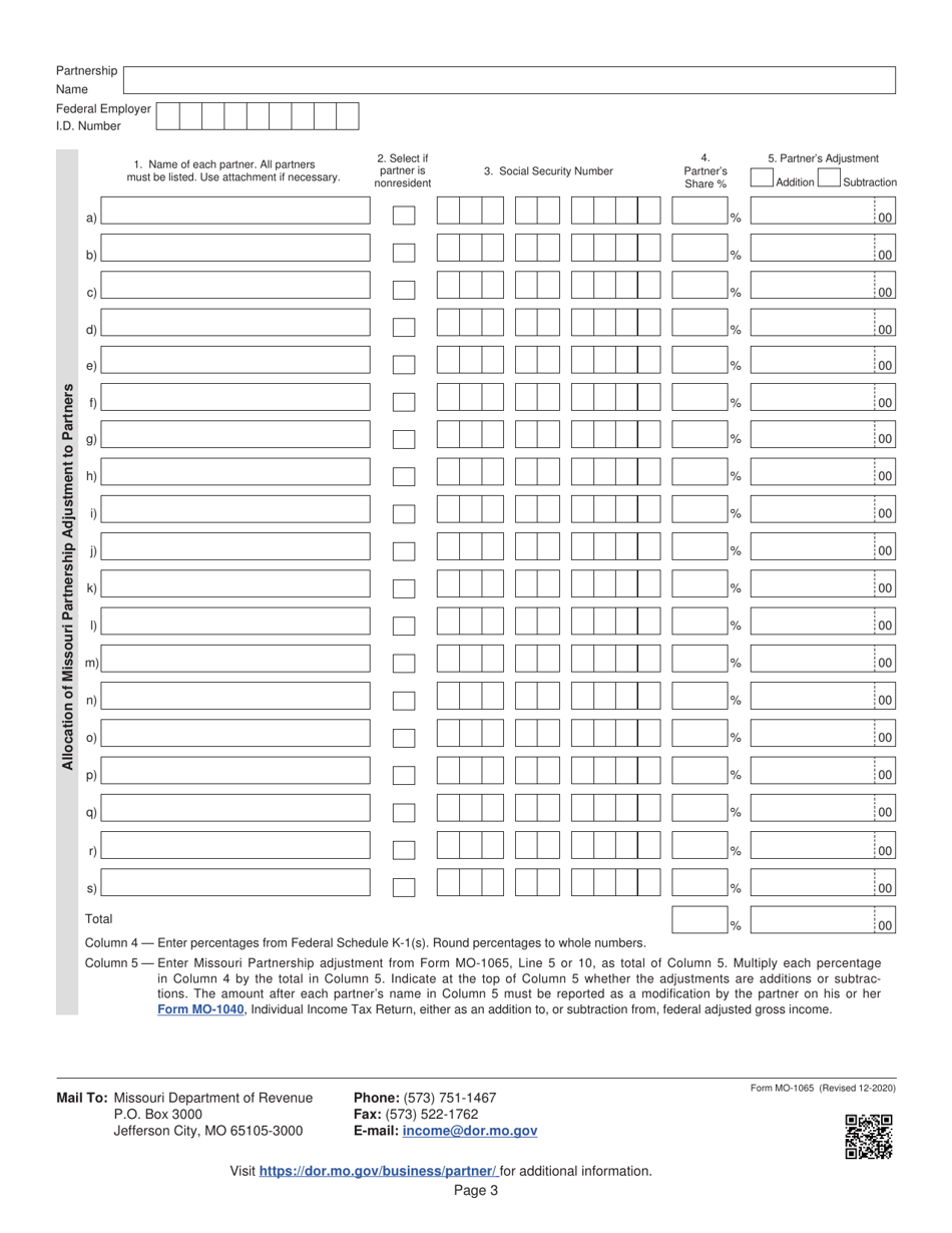 Form MO-1065 Partnership Return of Income - Missouri, Page 3