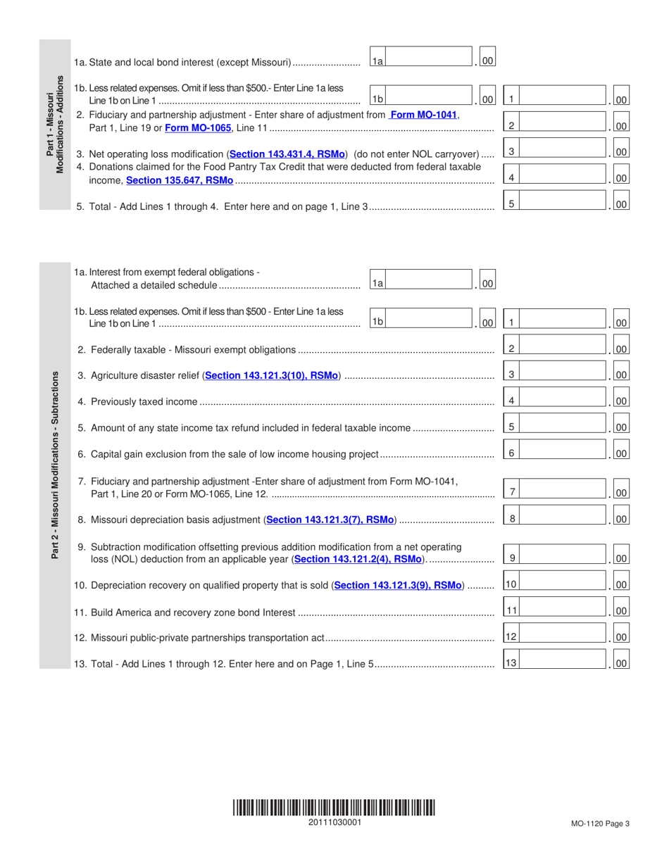 Form MO-1120 Corporation Income Tax Return - Missouri, Page 3