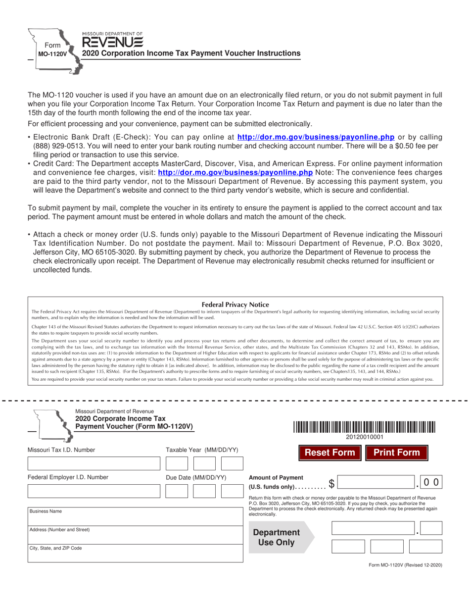 Form MO-1120V Corporate Income Tax Payment Voucher - Missouri, Page 1
