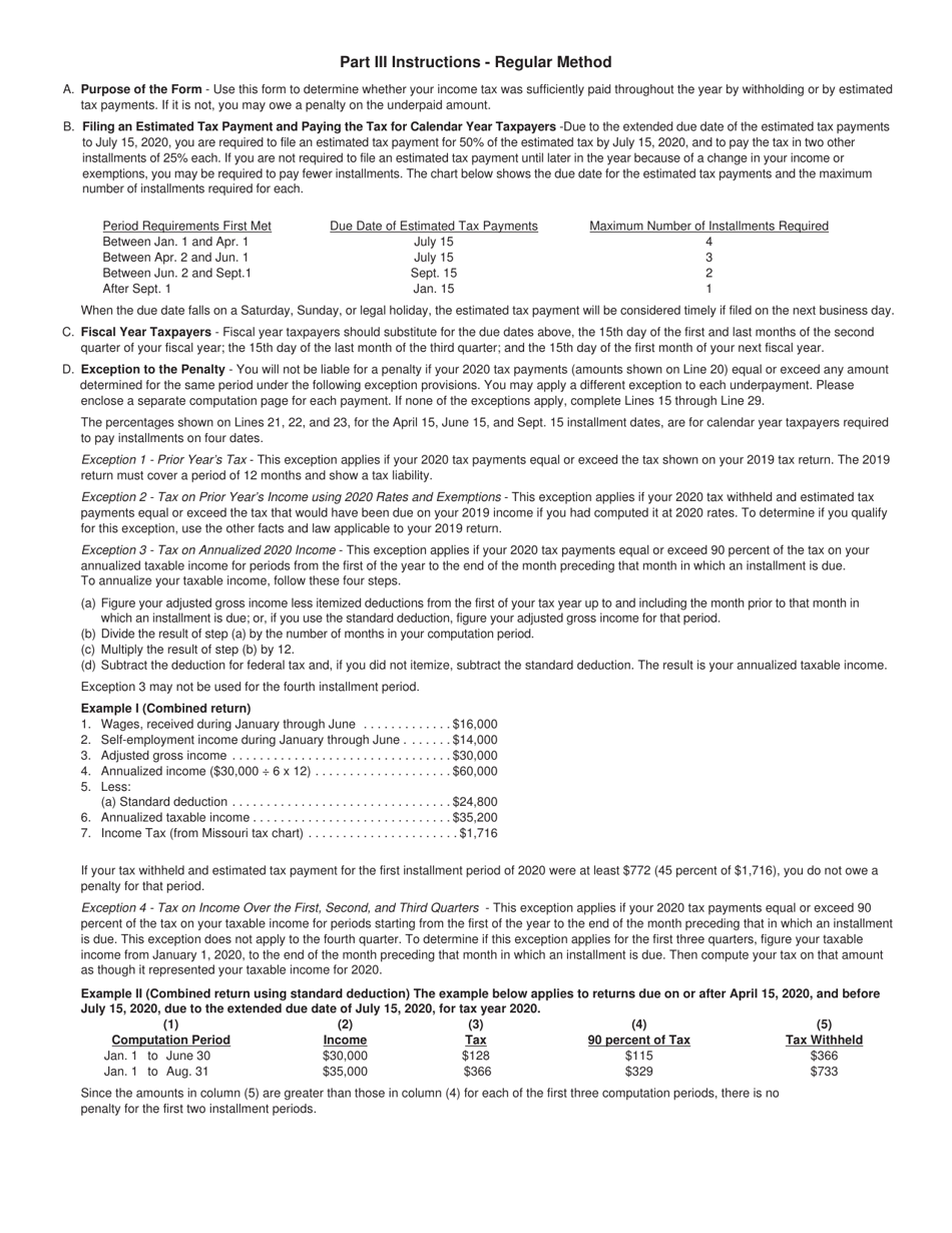 Form MO-2210 Underpayment of Estimated Tax by Individuals - Missouri, Page 3