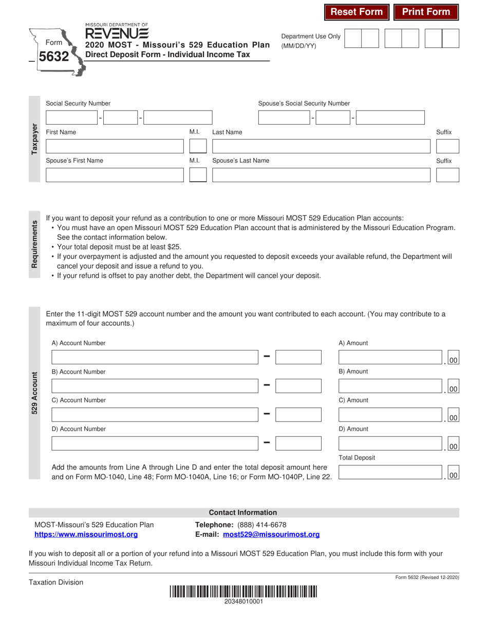 Form 5632 Most - Missouris 529 Education Savings Plan Direct Deposit Form - Individual Income Tax - Missouri, Page 1