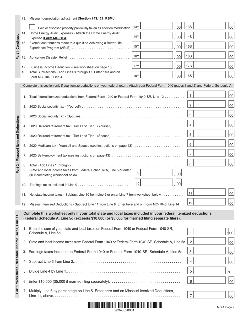 Form MO-A Individual Income Tax Adjustments - Missouri, Page 2