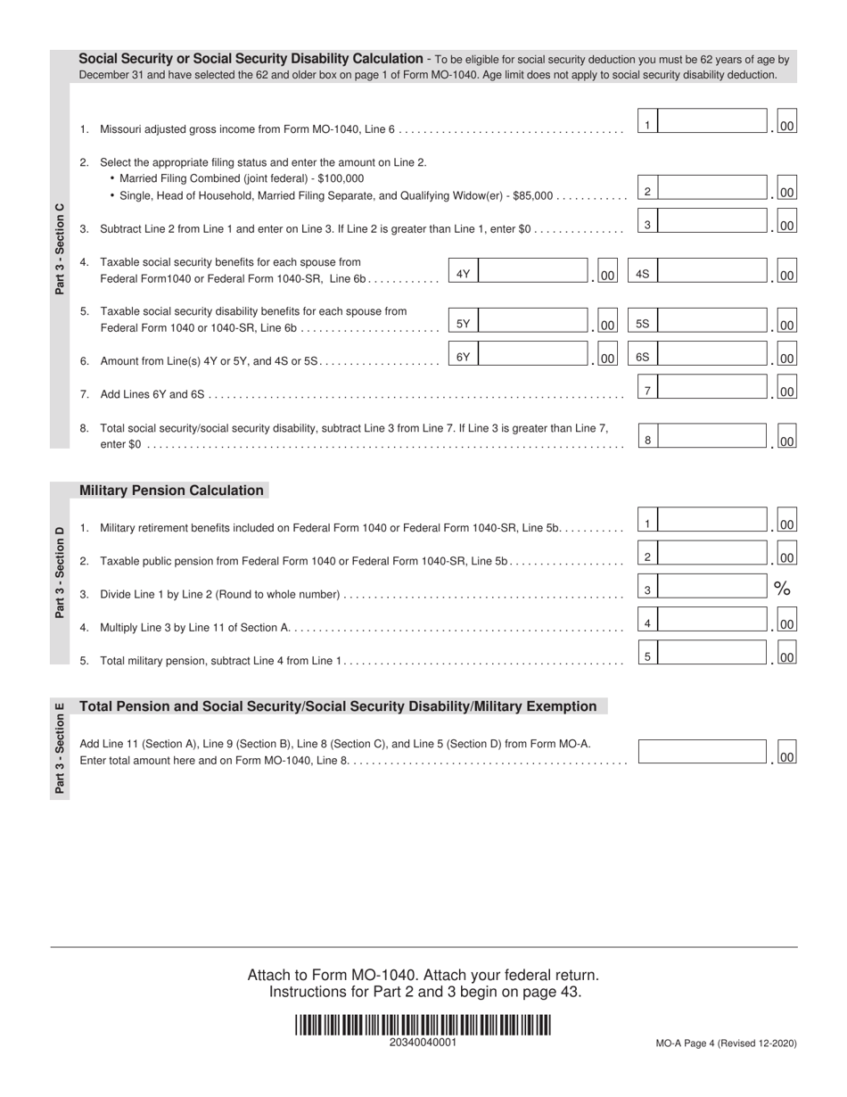 Form MO-A Individual Income Tax Adjustments - Missouri, Page 4