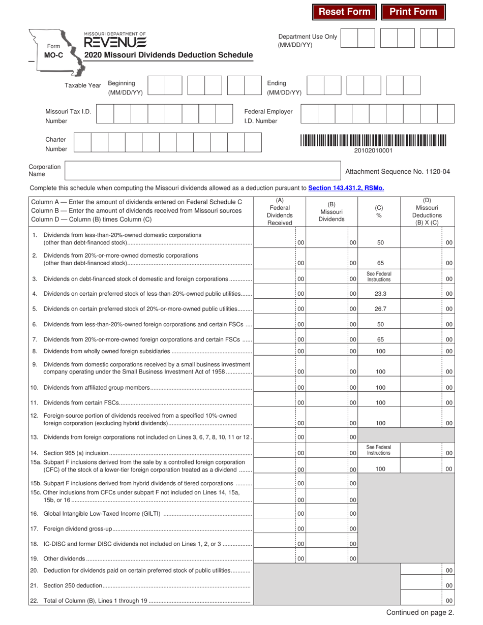 Form MO-C Missouri Dividends Deduction Schedule - Missouri, Page 1