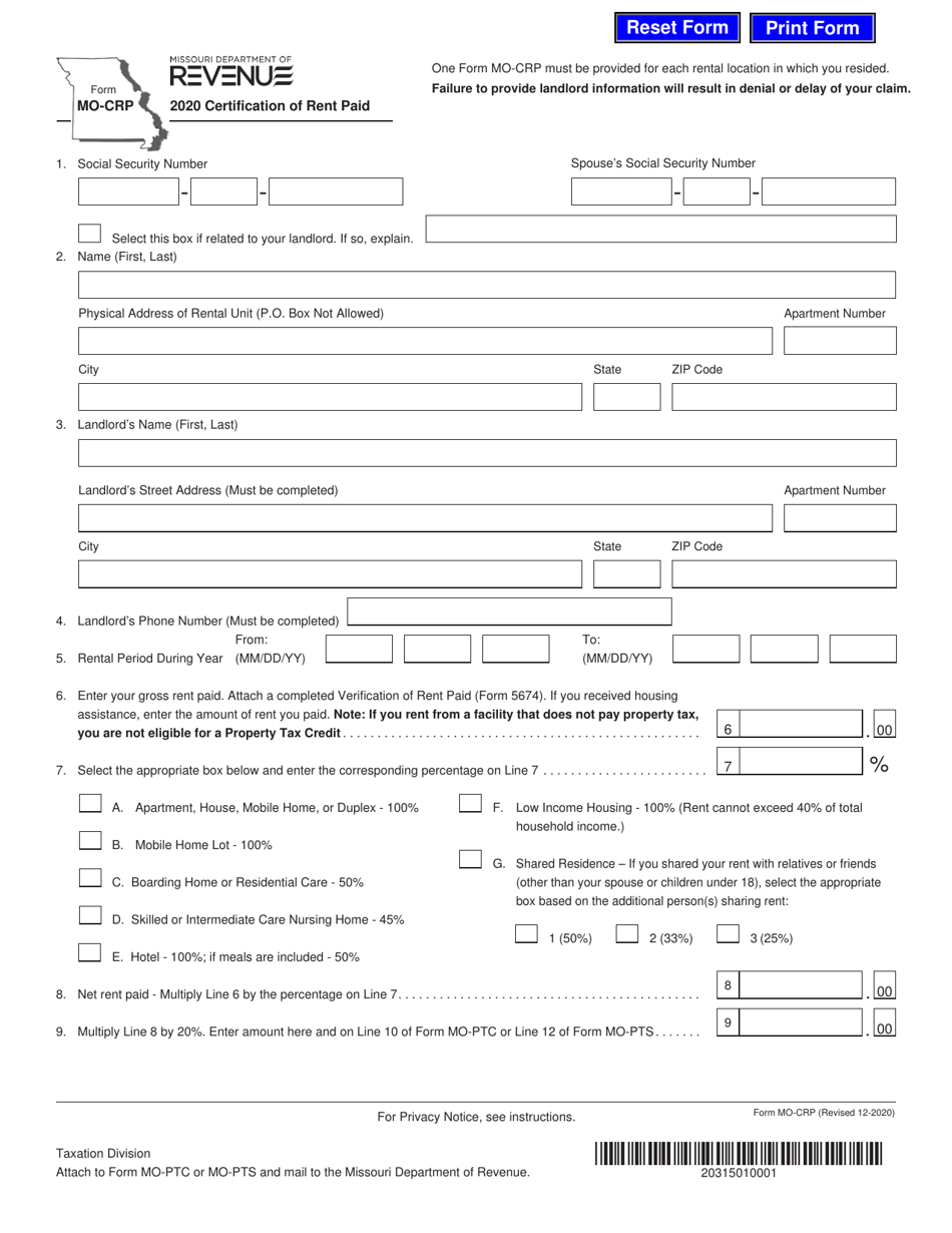 Form MO-CRP Certification of Rent Paid - Missouri, Page 1