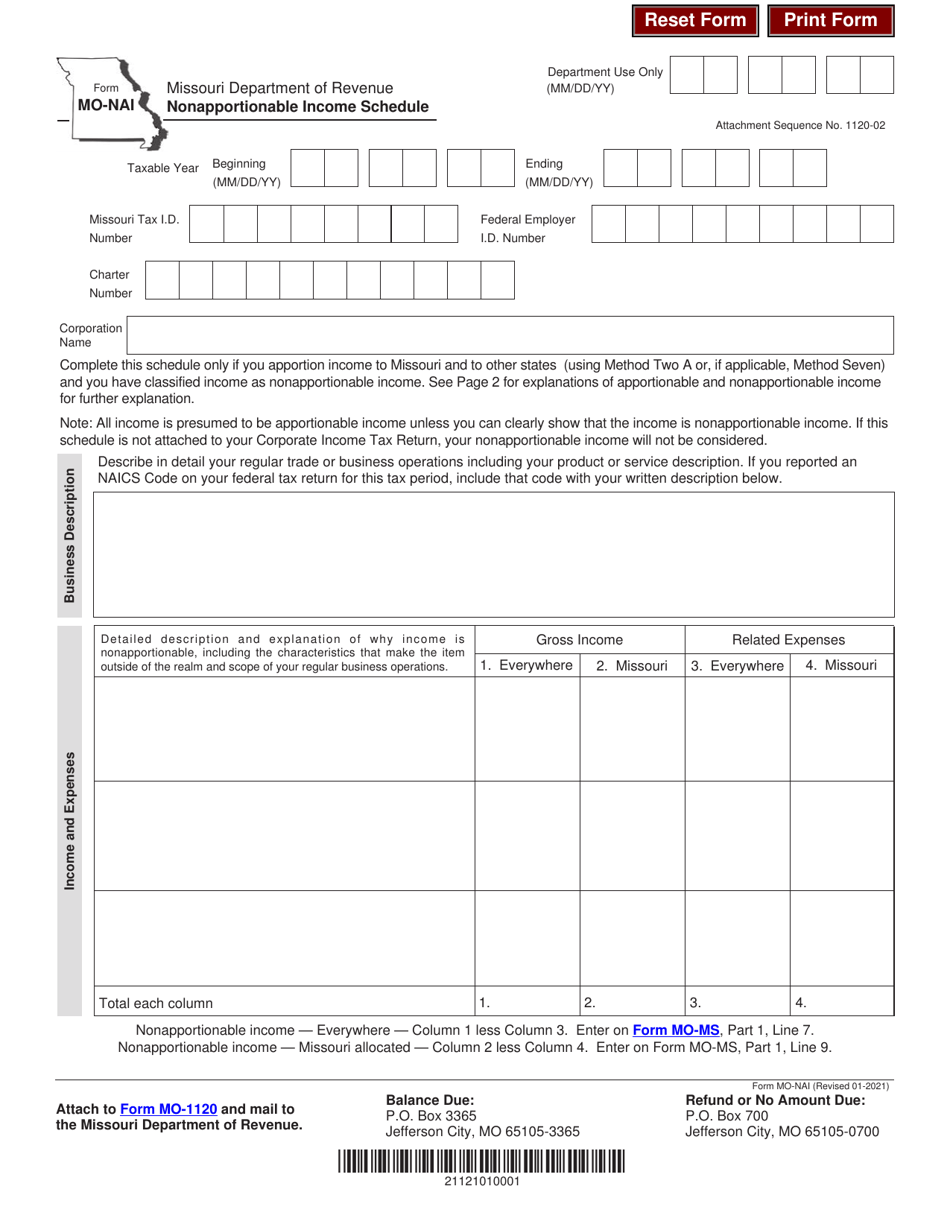 Form MO-NAI Nonapportionable Income Schedule - Missouri, Page 1