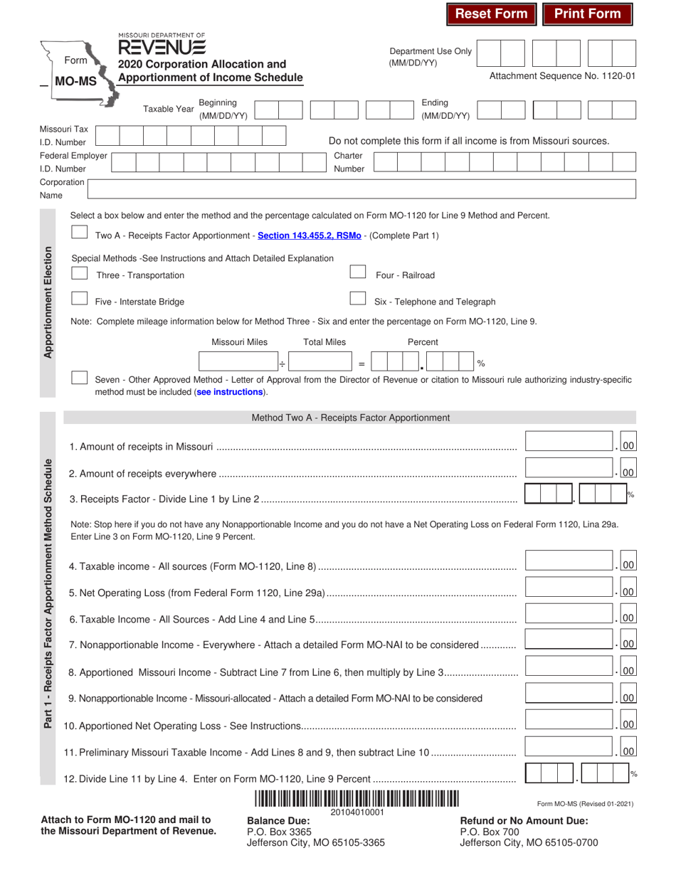 Form MO-MS Corporation Allocation and Apportionment of Income Schedule - Missouri, Page 1