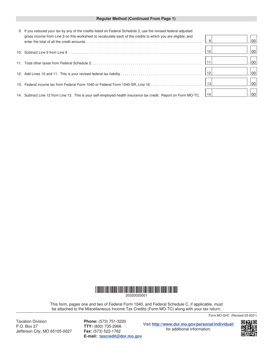 Form MO-SHC Self-employed Health Insurance Tax Credit - Missouri, Page 2