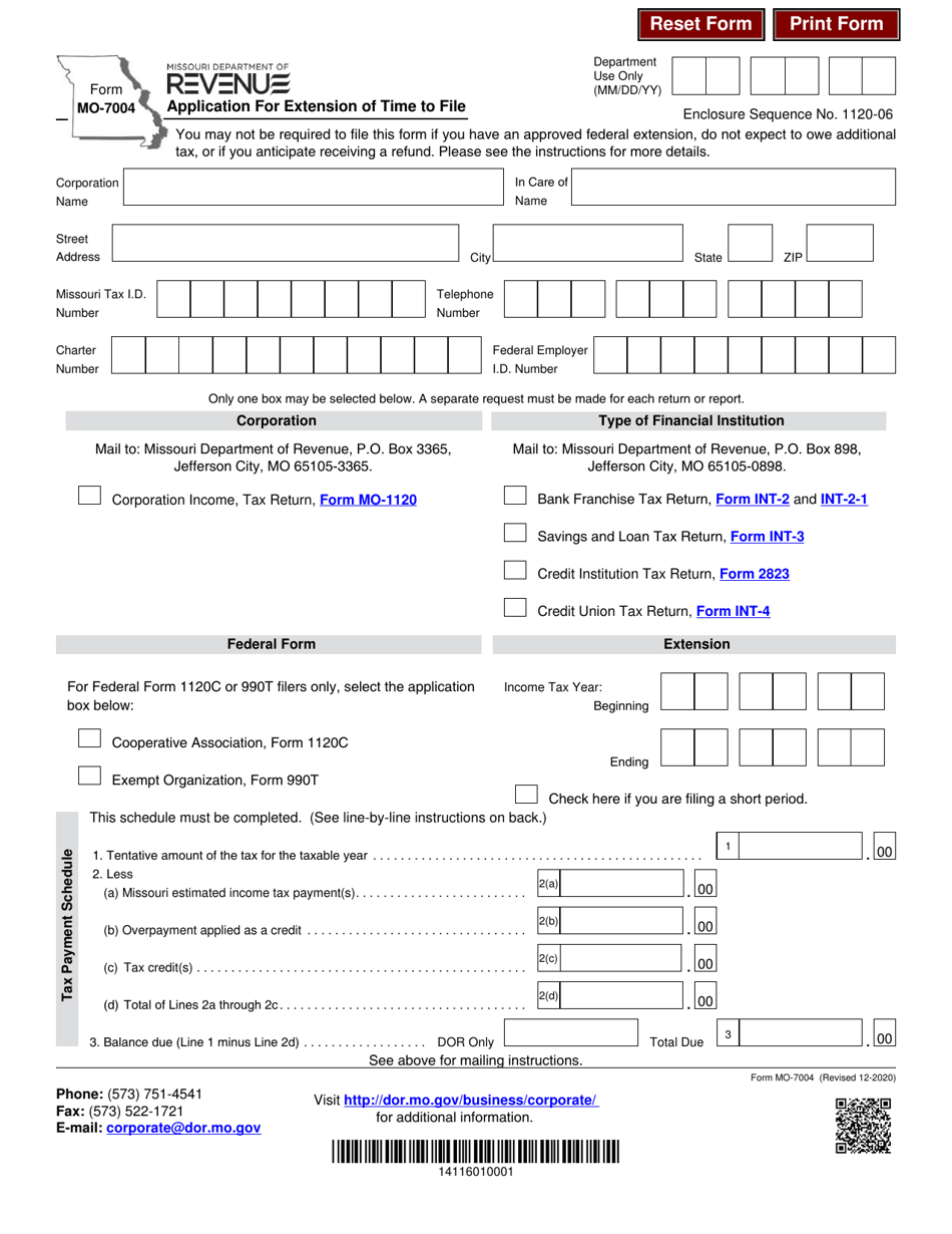 Form MO-7004 Application for Extension of Time to File - Missouri, Page 1