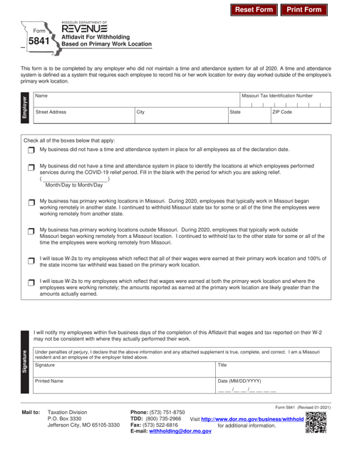 Form 5841 Affidavit for Withholding Based on Primary Work Location - Missouri