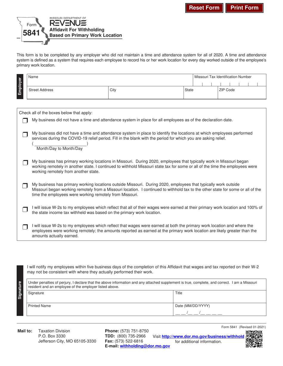 Form 5841 Affidavit for Withholding Based on Primary Work Location - Missouri, Page 1
