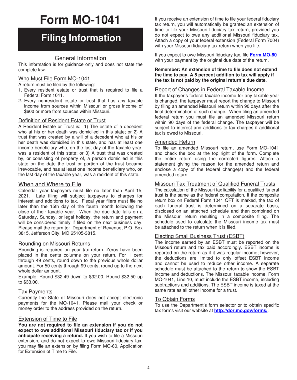 Form MO-1041 Fiduciary Income Tax Return - Missouri, Page 4