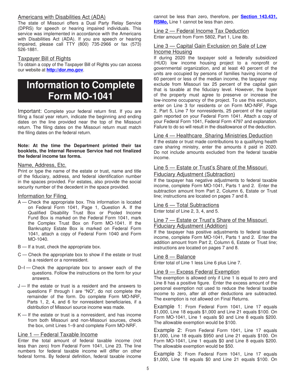 Form MO-1041 Fiduciary Income Tax Return - Missouri, Page 5