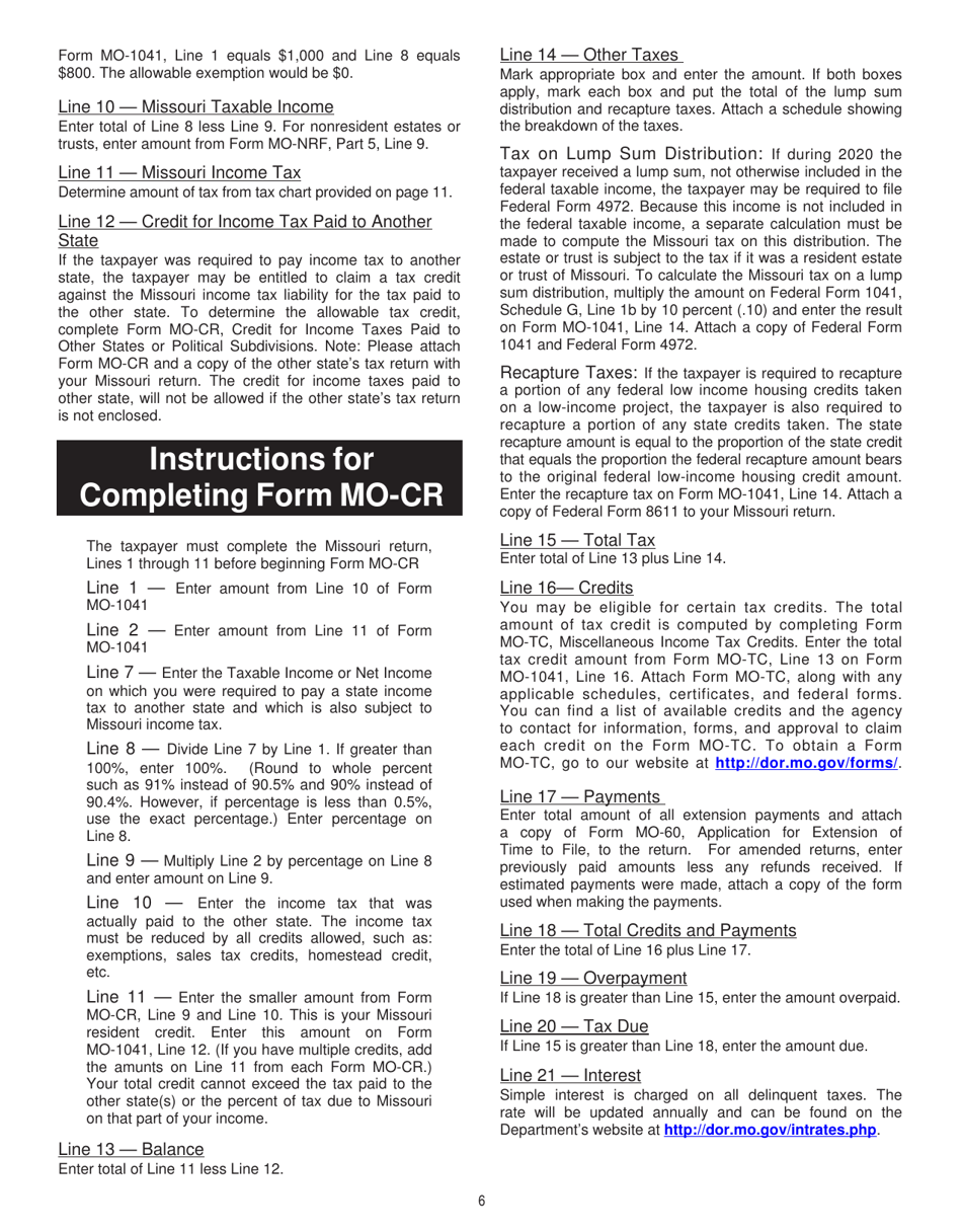Form MO-1041 Fiduciary Income Tax Return - Missouri, Page 6