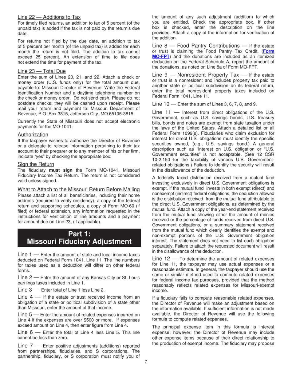 Form MO-1041 Fiduciary Income Tax Return - Missouri, Page 7