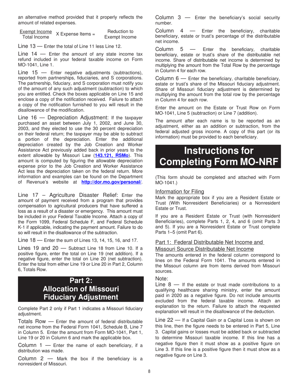 Form MO-1041 Fiduciary Income Tax Return - Missouri, Page 8