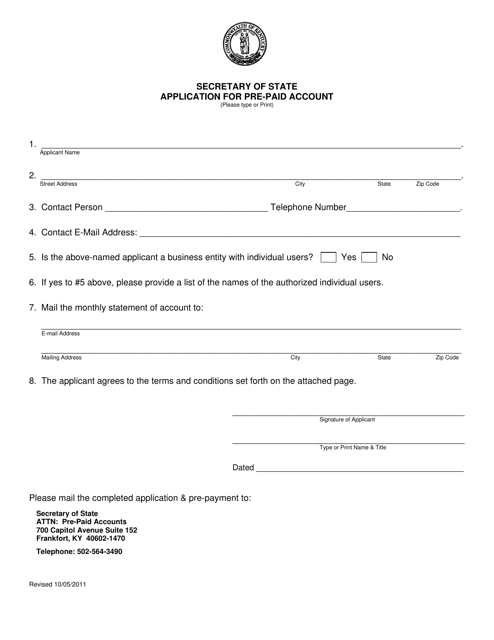 Application for Pre-paid Account - Kentucky Download Pdf