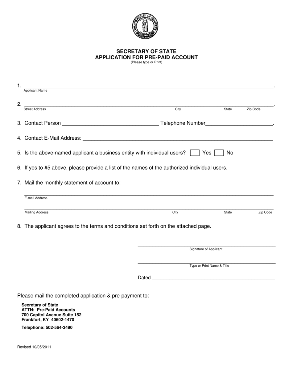 Application for Pre-paid Account - Kentucky, Page 1