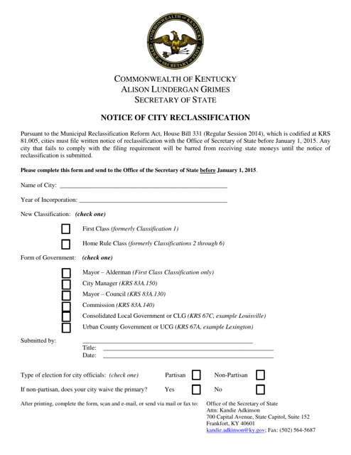 Notice of City Reclassification - Kentucky