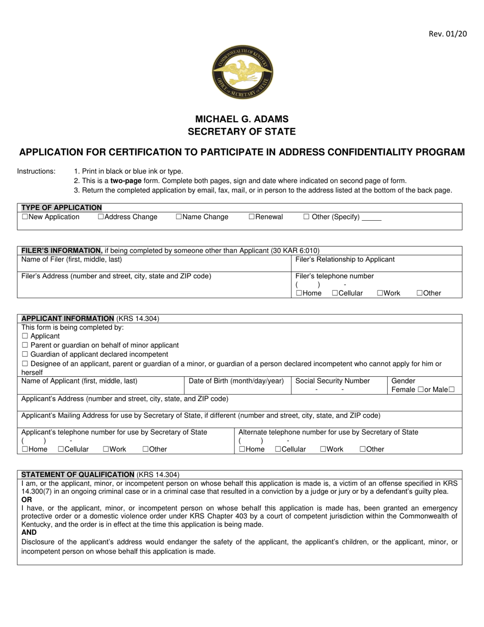 Application for Certification to Participate in Address Confidentiality Program - Kentucky, Page 1