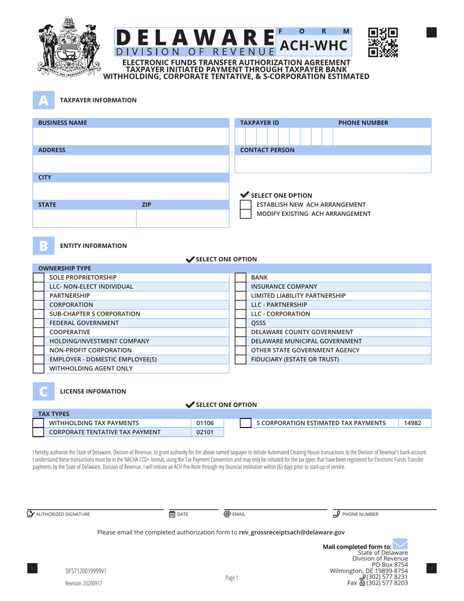 Form ACH-WHC Electronic Funds Transfer Authorization Agreement - Taxpayer Initiated Payment Through Taxpayer Bank Withholding, Corporate Tentative,  S-Corporation Estimated - Delaware, Page 1