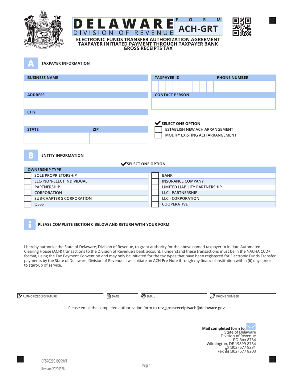 Form ACH-GRT Electronic Funds Transfer Authorization Agreement - Taxpayer Initiated Payment Through Taxpayer Bank Gross Receipts Tax - Delaware, Page 1