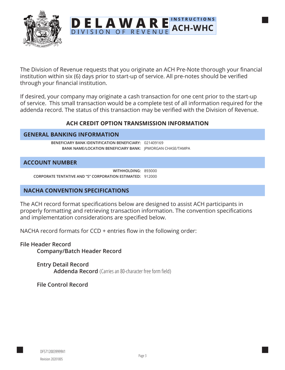 Instructions for Form ACH-WHC Electronic Funds Transfer Authorization Agreement - Taxpayer Initiated Payment Through Taxpayer Bank Withholding, Corporate Tentative,  S-Corporation Estimated - Delaware, Page 2